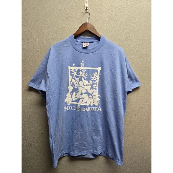 Vintage North Dakota Shirt Test Print Tee Blue Large Floral Graphic - Picture 1 of 8